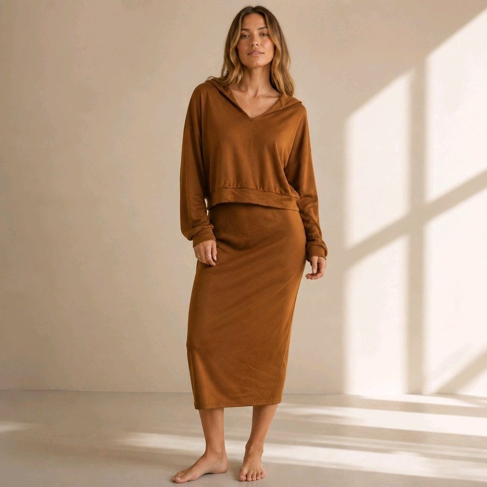 Micas Large Tan Two Piece Midi Dress And Hooded Pullover Set